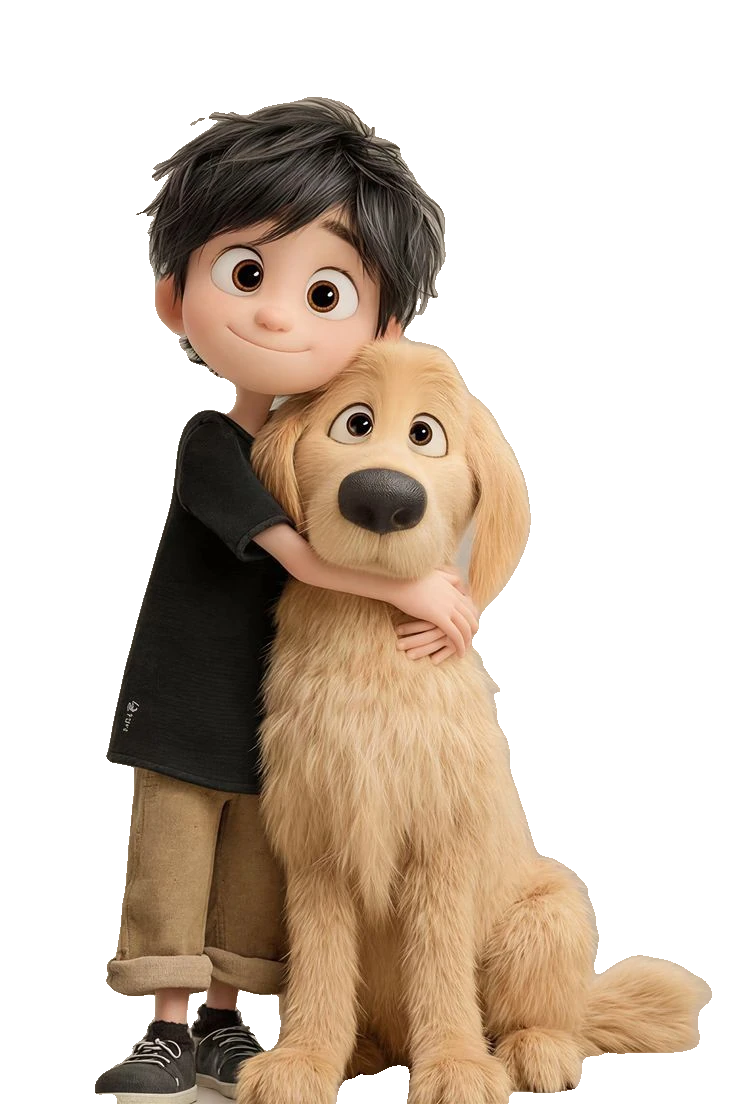 A smiling boy hugging his golden retriever